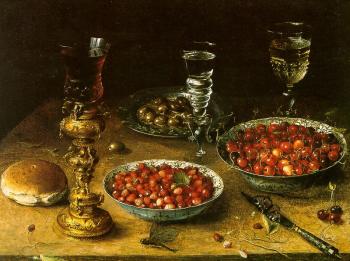 奧夏斯 貝爾 瓷碗中櫻桃和草莓的靜物